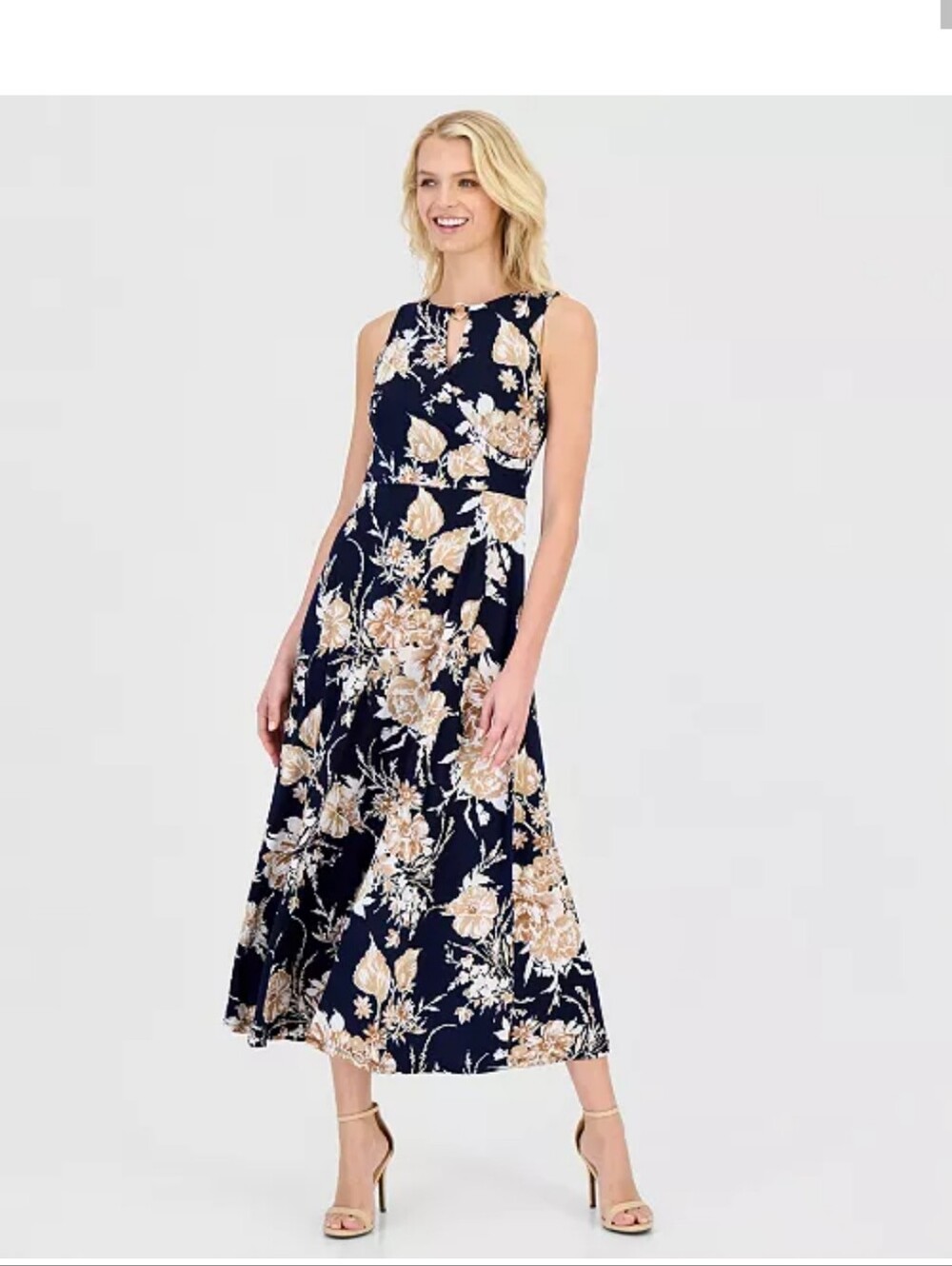 NWT Sandra Darren Floral Midi Dress XL Navy Beige Sleeveless Faux Wrap A-Line